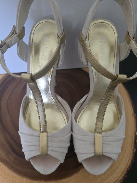 Aldo Shoes - ALDO Gold and Cream T-Strap Peep-Toe Heels